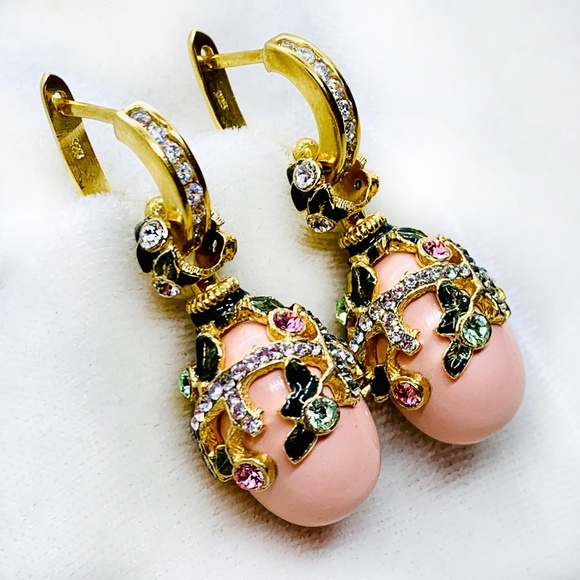 PINK CORAL STERLING Silver Faberge Art Deco Egg Pendant Swarovski Enamel Gold - Picture 2 of 3